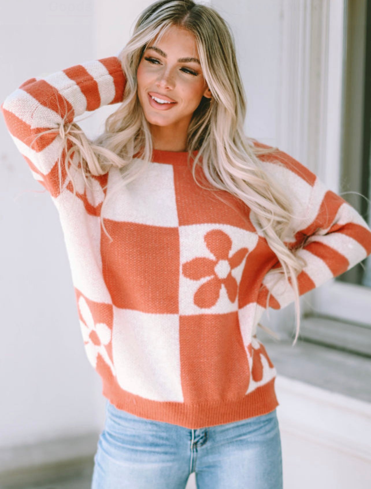 Orange Checkered Flower Sweater