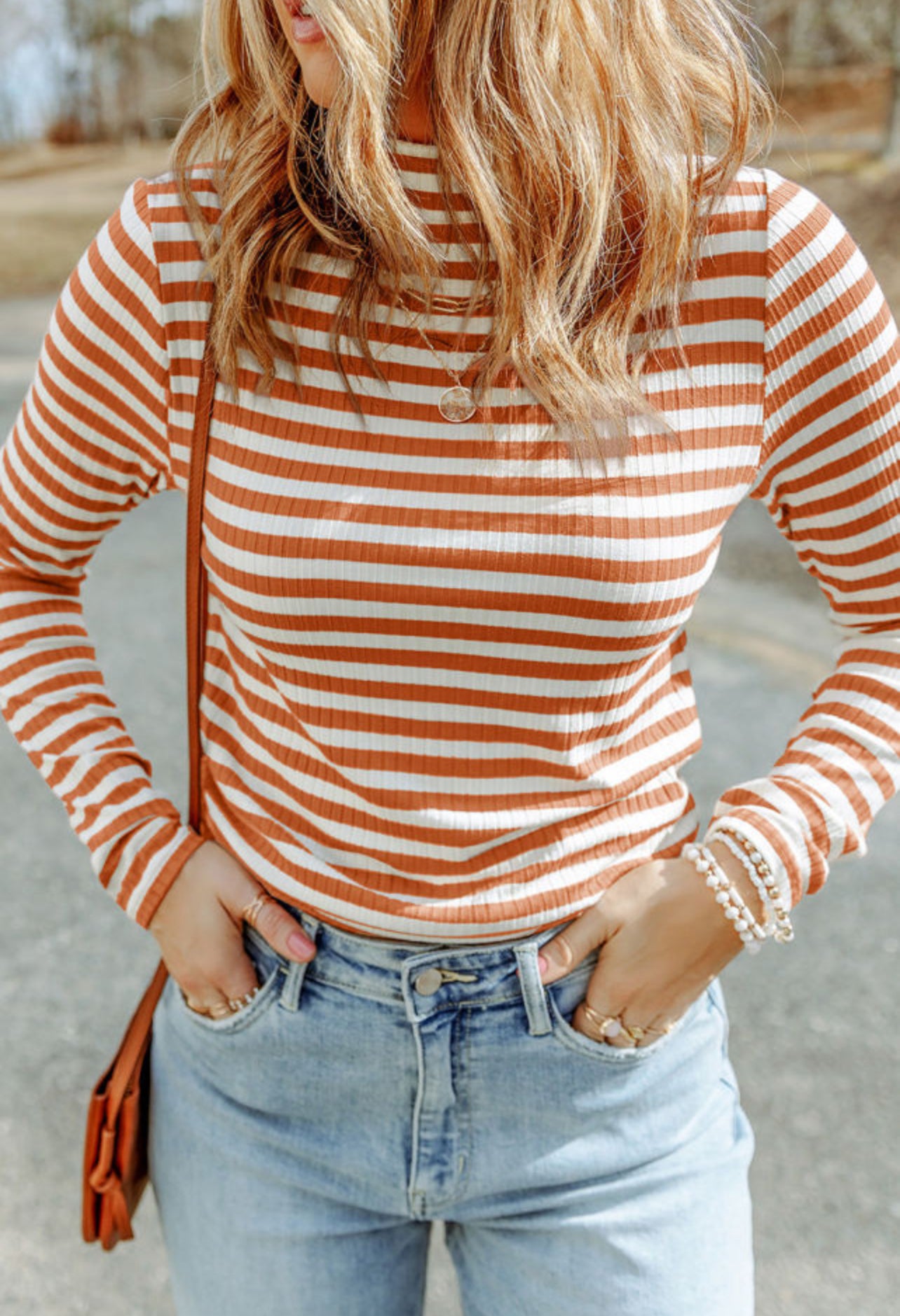 Orange Striped Ribbed Long Sleeve