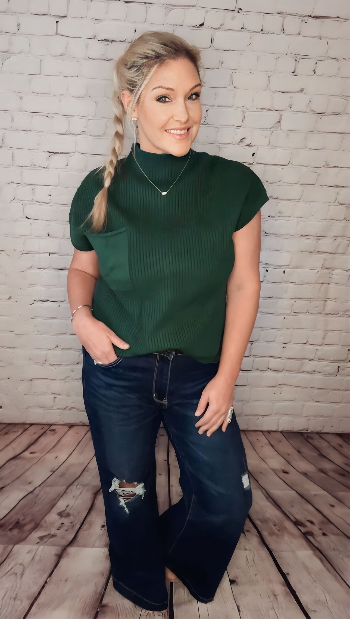 Green Ribbed Pocket Sweater