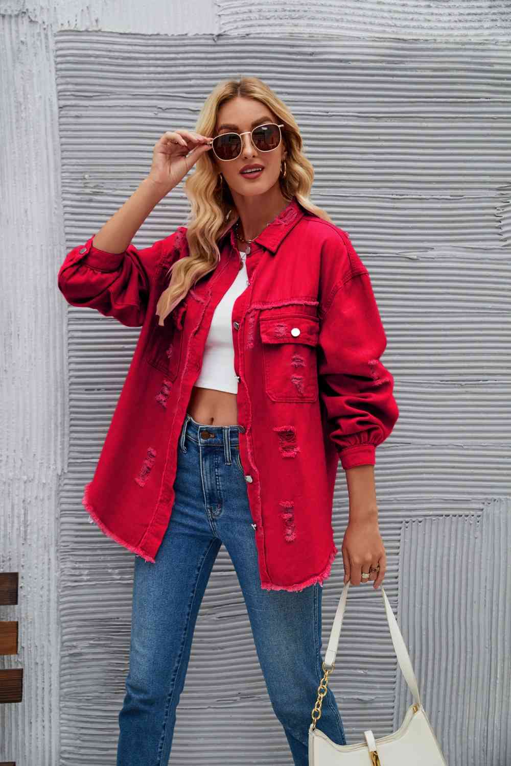 Distressed Raw Hem Denim Jacket