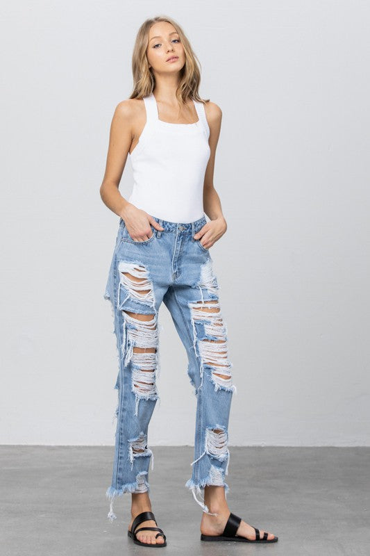Destroyed Hem Straight Jeans