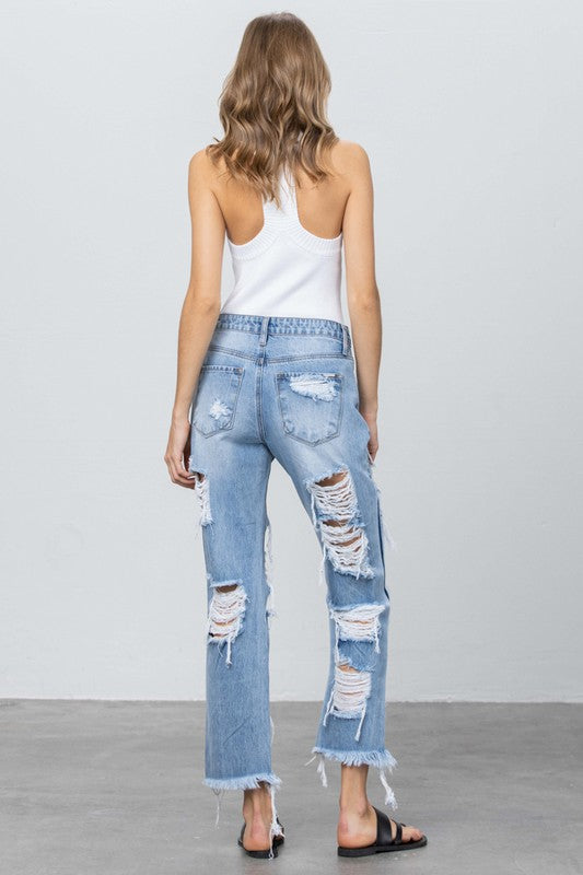 Destroyed Hem Straight Jeans