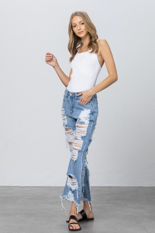 Destroyed Hem Straight Jeans