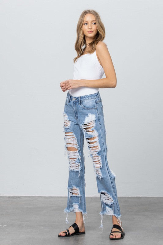 Destroyed Hem Straight Jeans