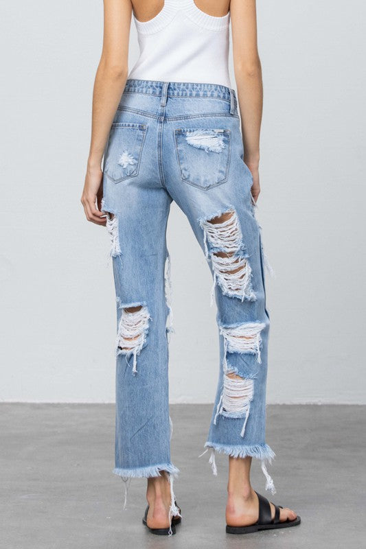 Destroyed Hem Straight Jeans