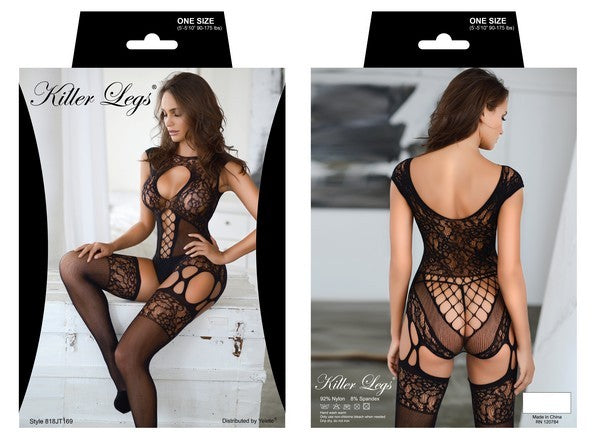 Lace Trim Keyhole Halter Fishnet Bodysuit
