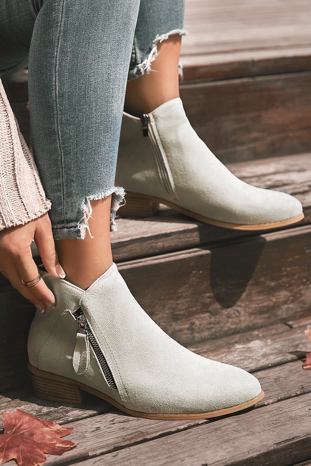 Light Beige Suede Side Zip Booties