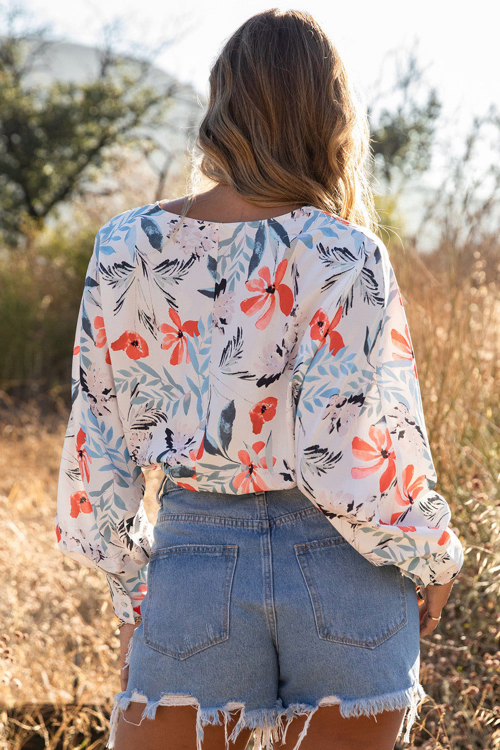 Floral Print Drape Crop Blouse