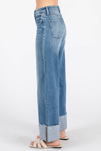 HIGH RISE STRETCH WIDE LEG W/ CUFFED HEM JEANS