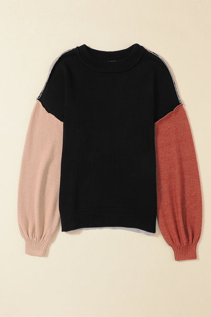 Black Colorblock Bishop Sleeve Ribbed Trim Sweater