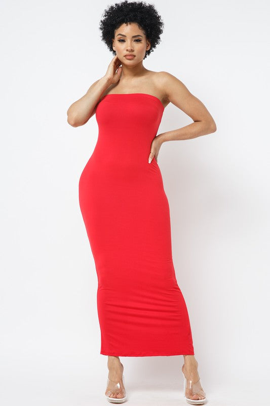 SOLID STRAP LESS DRESS WITH BACK SLIT