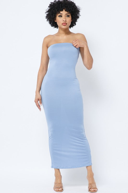 SOLID STRAP LESS DRESS WITH BACK SLIT