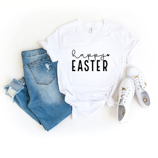 Happy Easter With Heart Graphic V-Neck