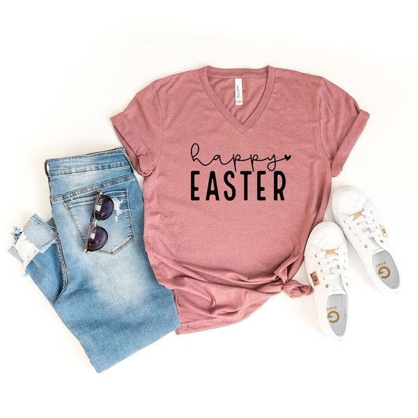 Happy Easter With Heart Graphic V-Neck