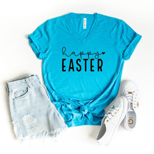 Happy Easter With Heart Graphic V-Neck