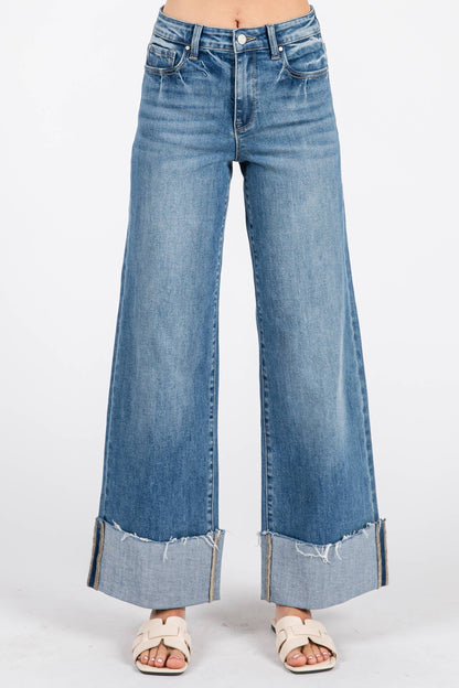 HIGH RISE STRETCH WIDE LEG W/ CUFFED HEM JEANS
