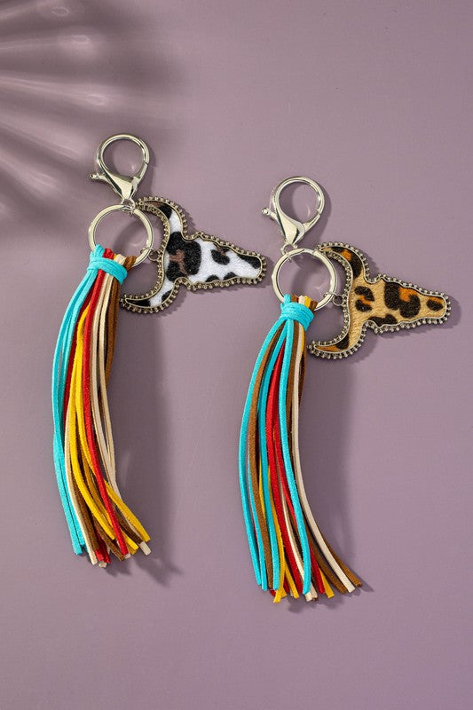 animal print cow head leather tassel key chain