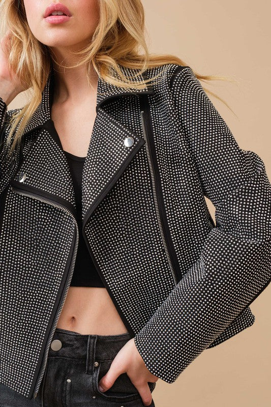 Crush On Me Crystal Studded Zip Up Moto Jacket