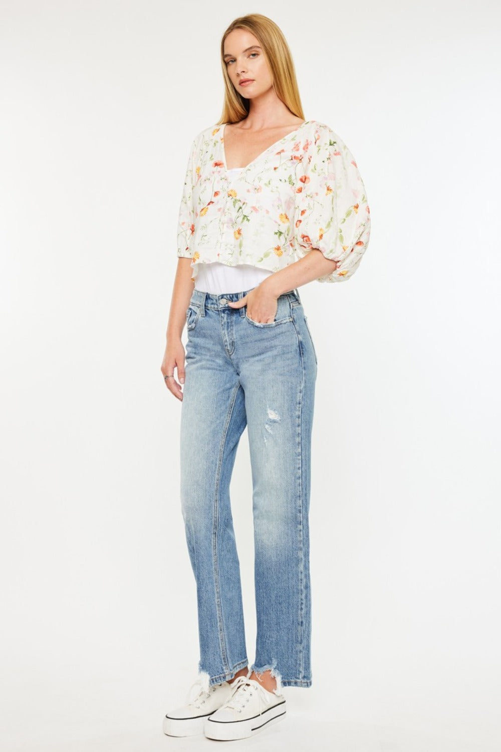 Kancan Mid Rise Frayed Hem Straight Jeans