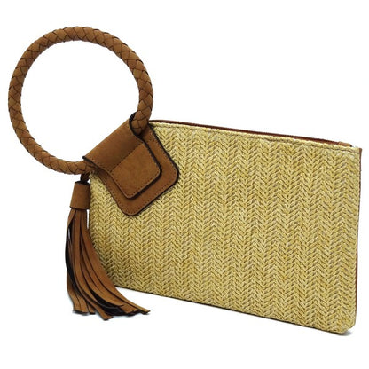 Straw Cuff Handle Tassel Wristlet Clutch