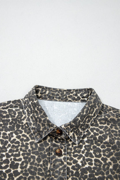 Leopard Denim Short Sleeve Button Cropped Shirt