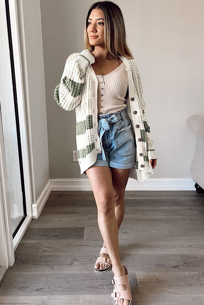 Green Colorblock Textured Knit Buttoned Cardigan