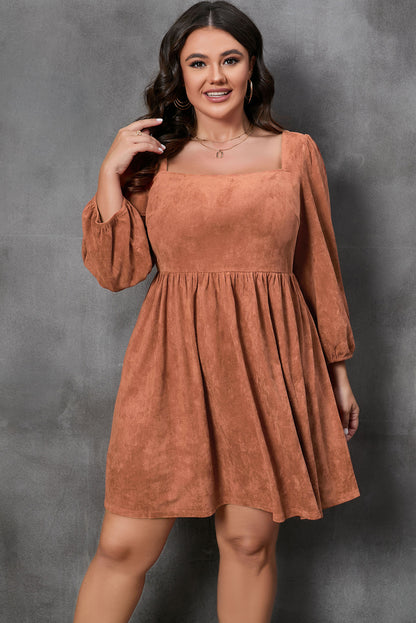 Chestnut Plus Suede Square Neck Balloon Sleeve Dress