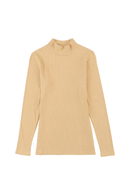 Khaki Ribbed Knit High Neck Long Sleeve Top