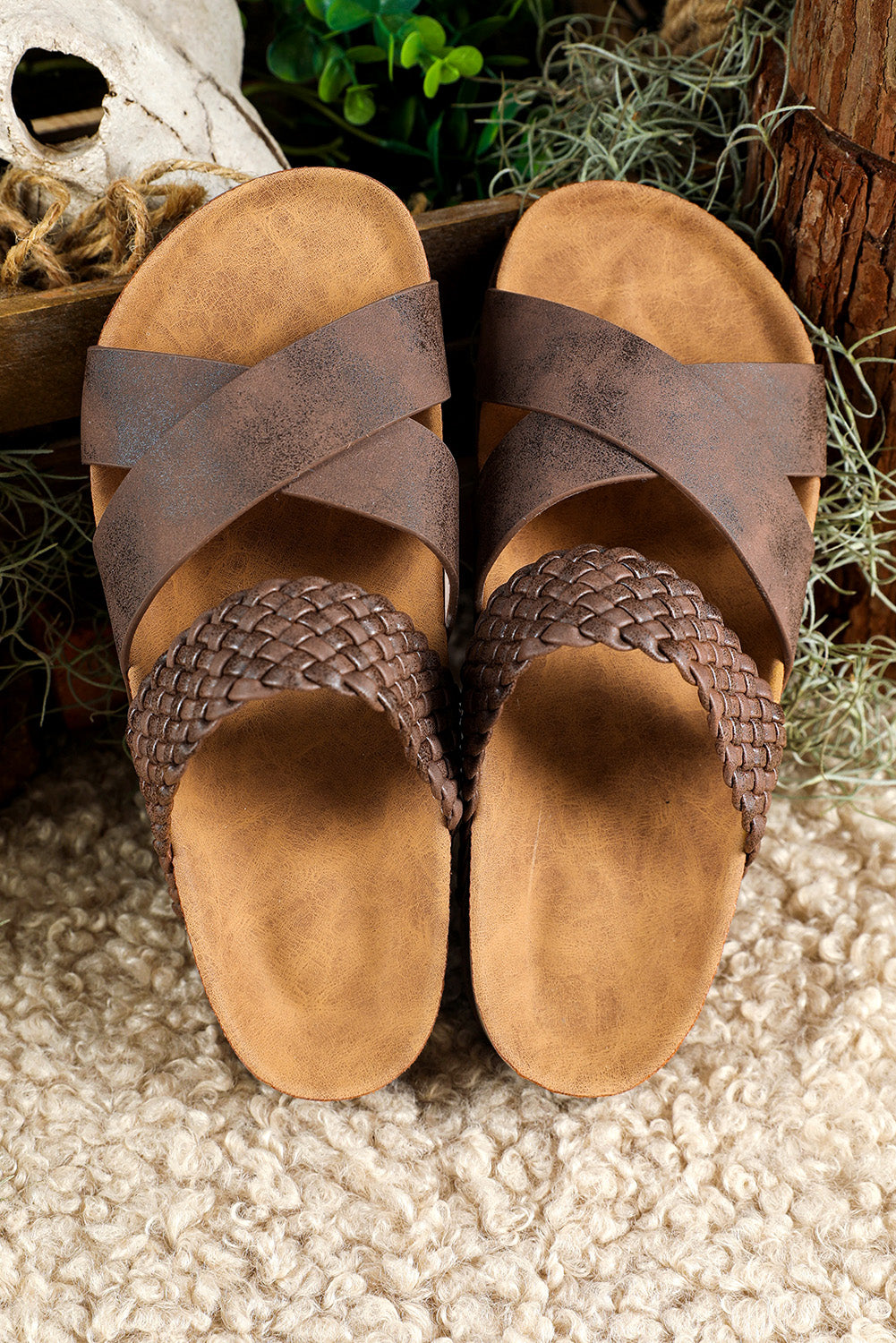 Brown Braided Detail Criss Cross Platform Slippers