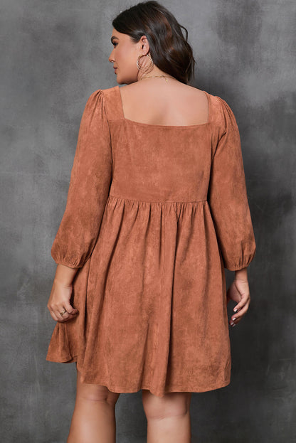 Chestnut Plus Suede Square Neck Balloon Sleeve Dress