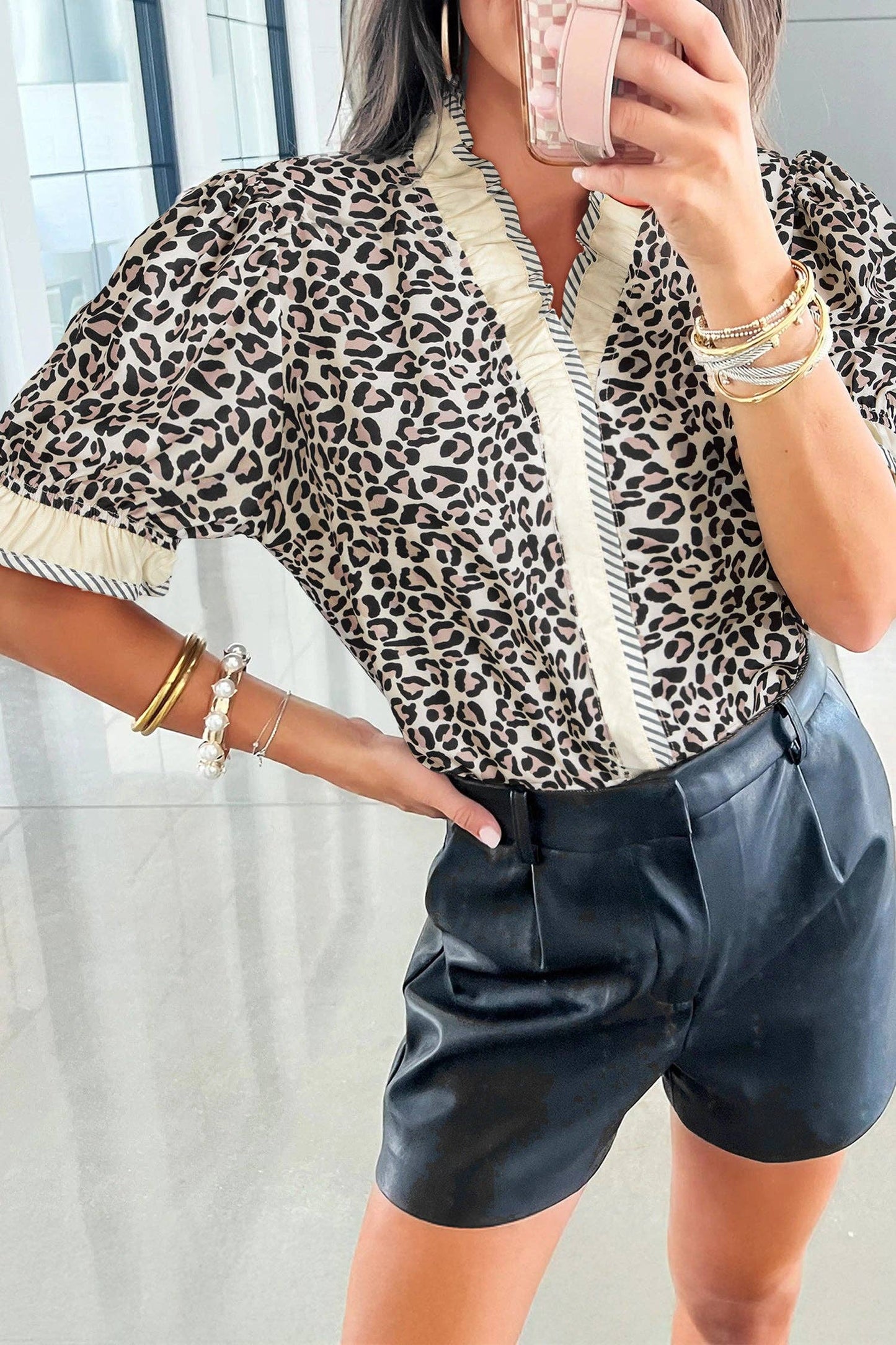 Leopard Print V Neck Blouse