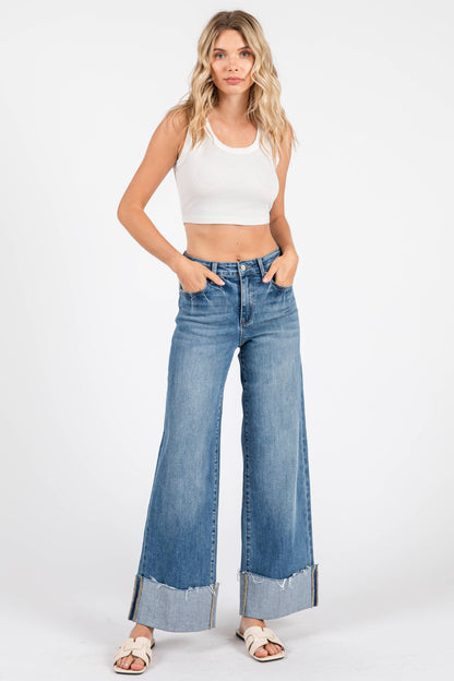 HIGH RISE STRETCH WIDE LEG W/ CUFFED HEM JEANS