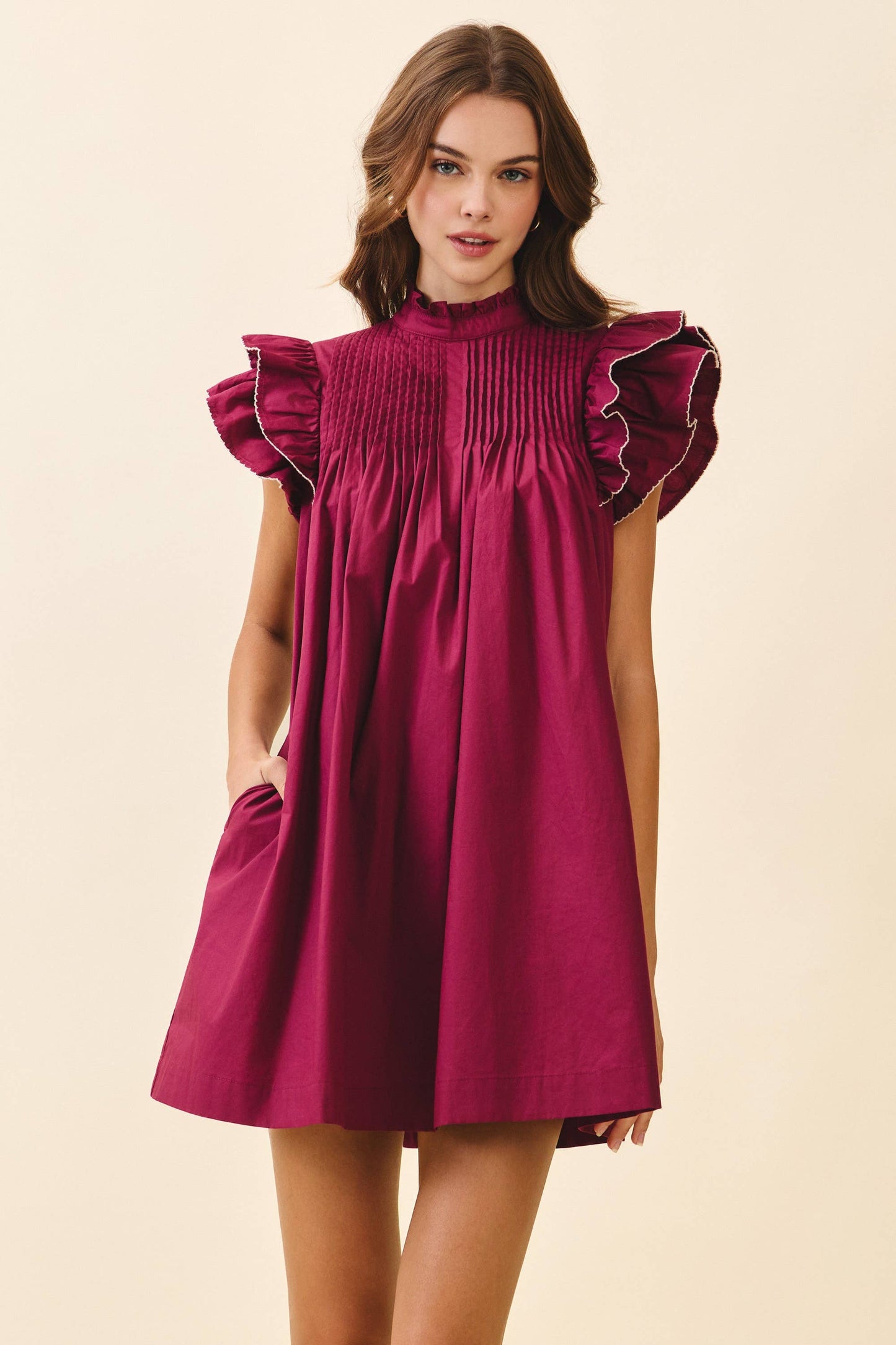 Back Button Down High Neck Babydoll Mini Dress