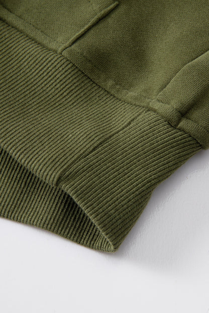 Green Zip Up Stand Collar Ribbed Thumbhole Sleeve Sweatshirt