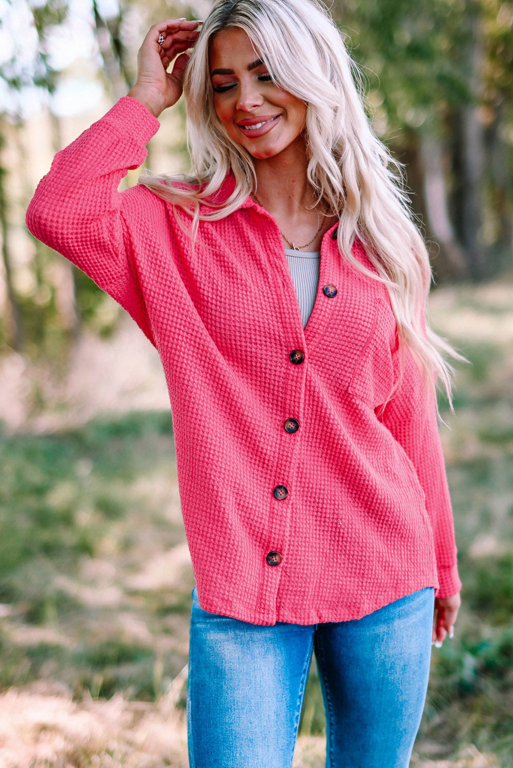 Pink Waffle Knit Button Up Casual Shirt