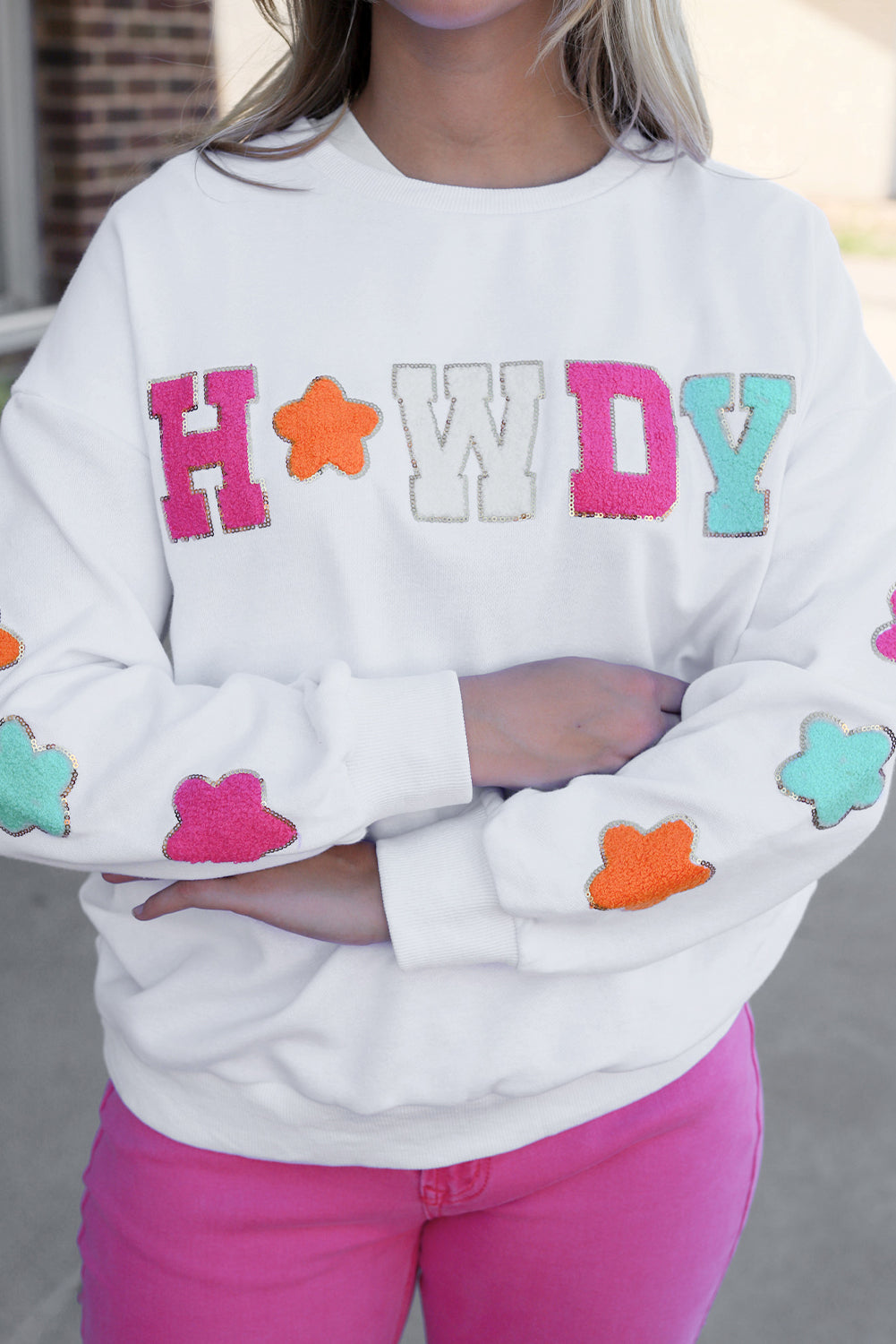 White Glitter Howdy Patch Graphic Casual Sweatshirt