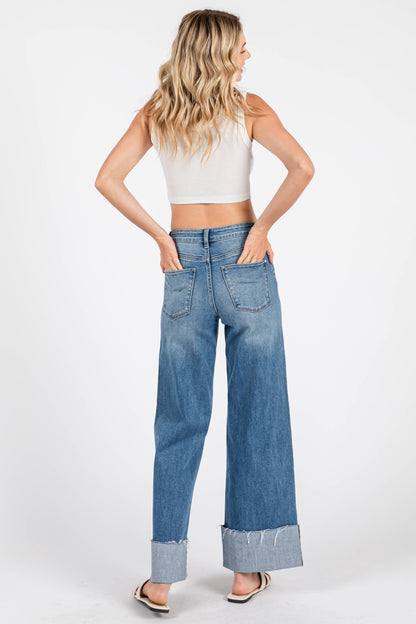 HIGH RISE STRETCH WIDE LEG W/ CUFFED HEM JEANS