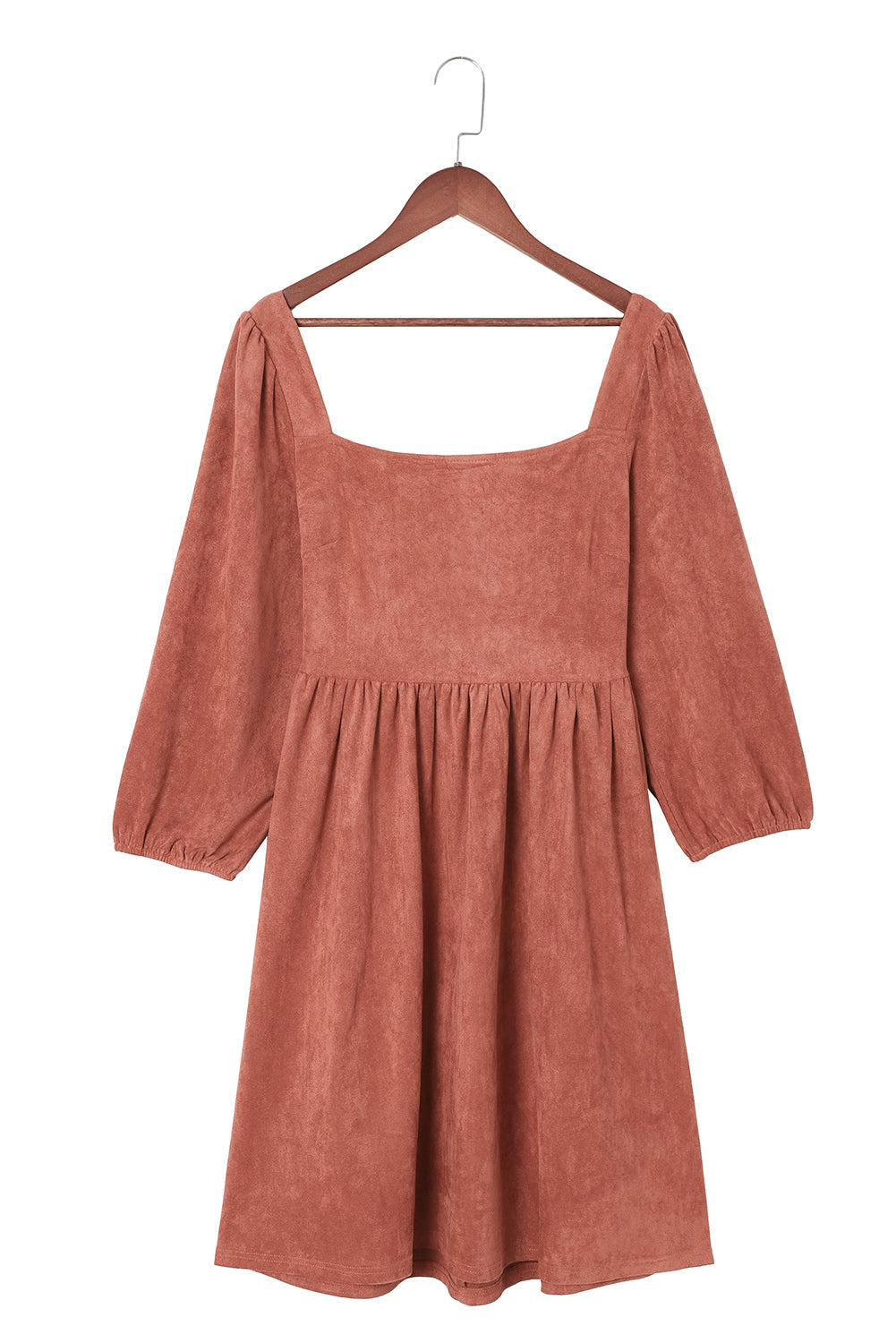 Brown Suede Square Neck Puff Sleeve Dress