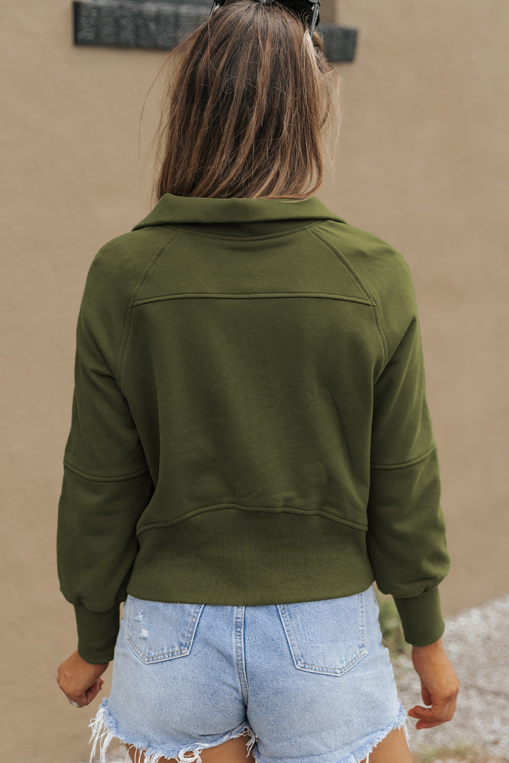 Green Zip Up Stand Collar Ribbed Thumbhole Sleeve Sweatshirt