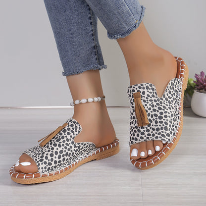 Fringe Leopard Open Toe Sandals