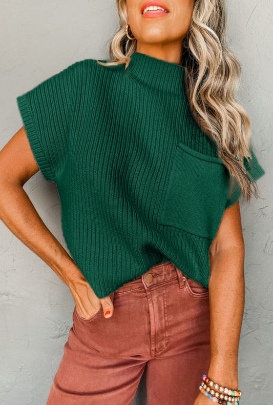 Green Ribbed Pocket Sweater