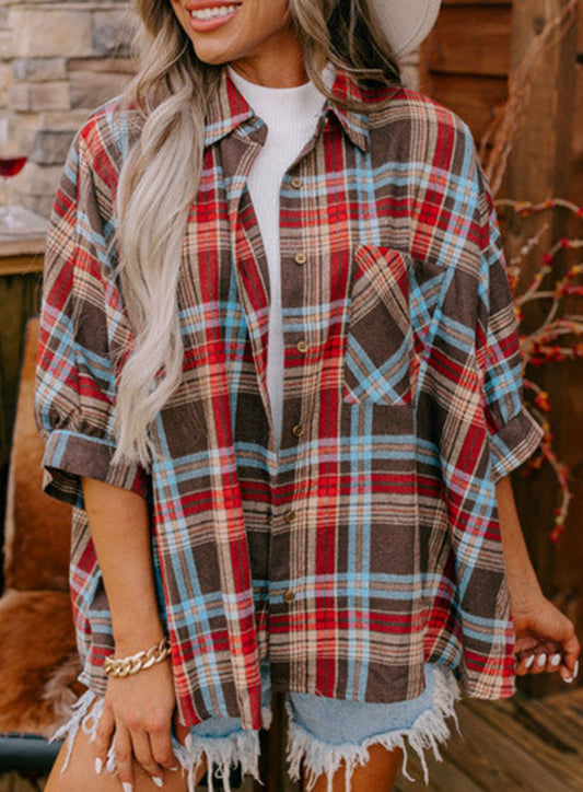 Bracket Sleeve Plaid Top