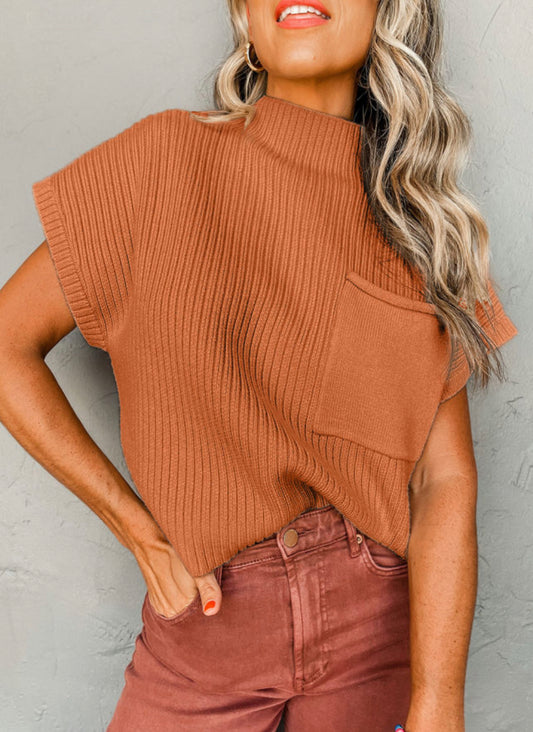 Gold Flame Knit Pocket Short Sleeve Sweater