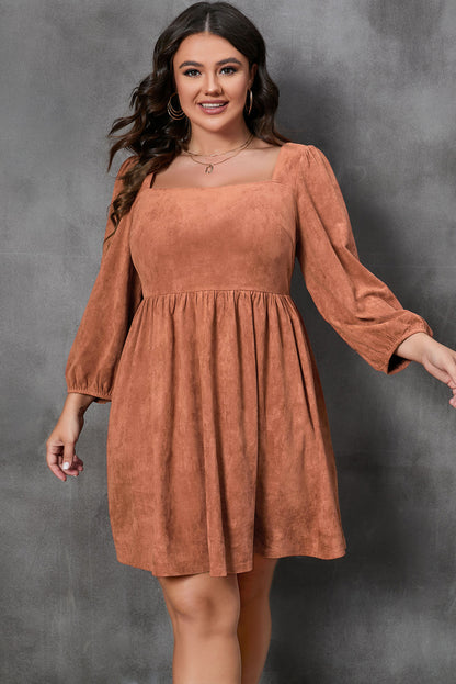 Chestnut Plus Suede Square Neck Balloon Sleeve Dress