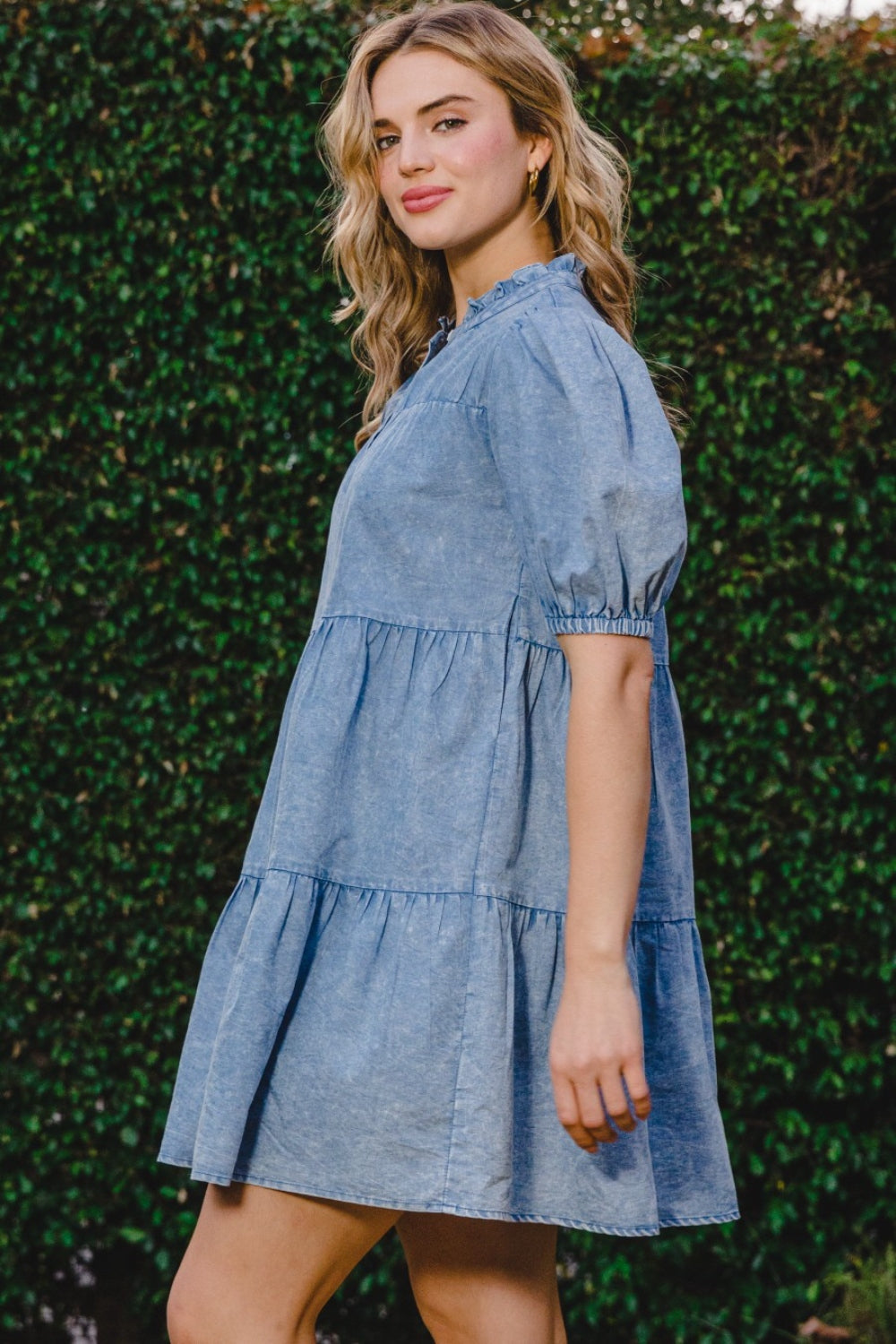 ODDI Washed Tiered Mini Denim Dress