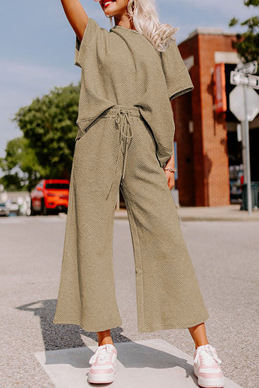 Apricot khaki Textured Loose Fit T Shirt and Drawstring Pants Set