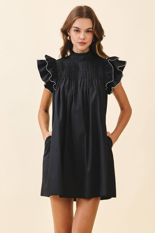 Back Button Down High Neck Babydoll Mini Dress