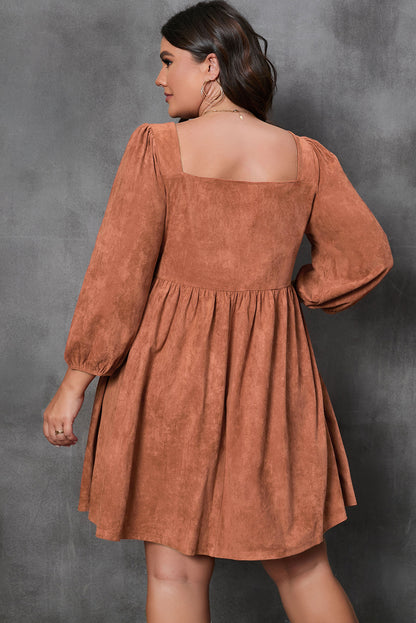 Chestnut Plus Suede Square Neck Balloon Sleeve Dress