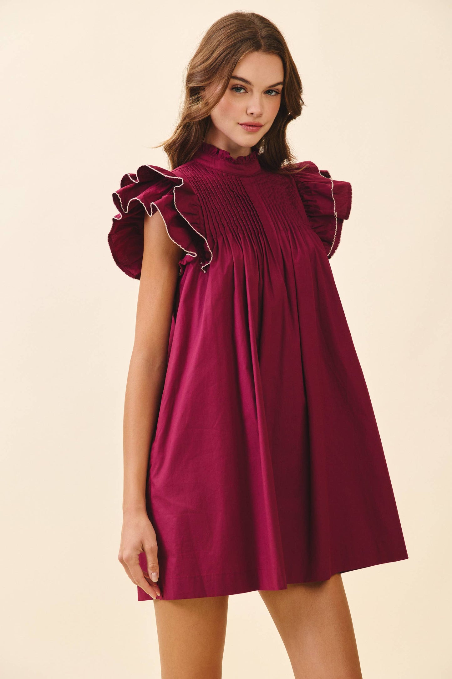 Back Button Down High Neck Babydoll Mini Dress