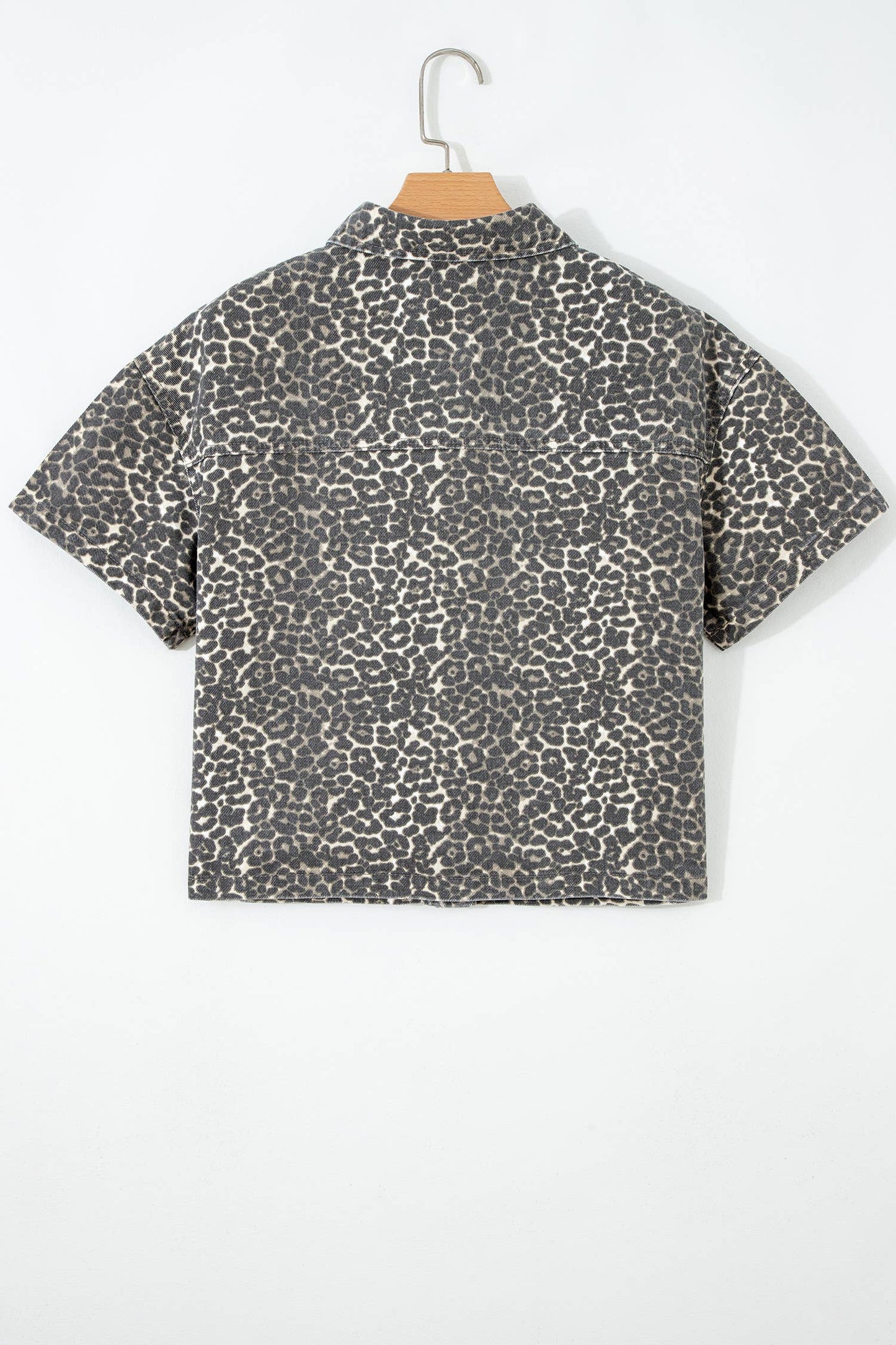 Leopard Denim Short Sleeve Button Cropped Shirt